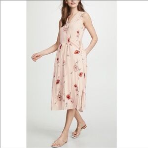 VINCE Tossed Poppy Accordion Pleat Midi Dress Floral Sleeveless S Pink